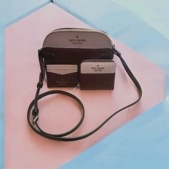 Kate Spade In Rose Smoke ( Burgandy & Pink ) Crossbody Bag Set. - Picture 3 of 11